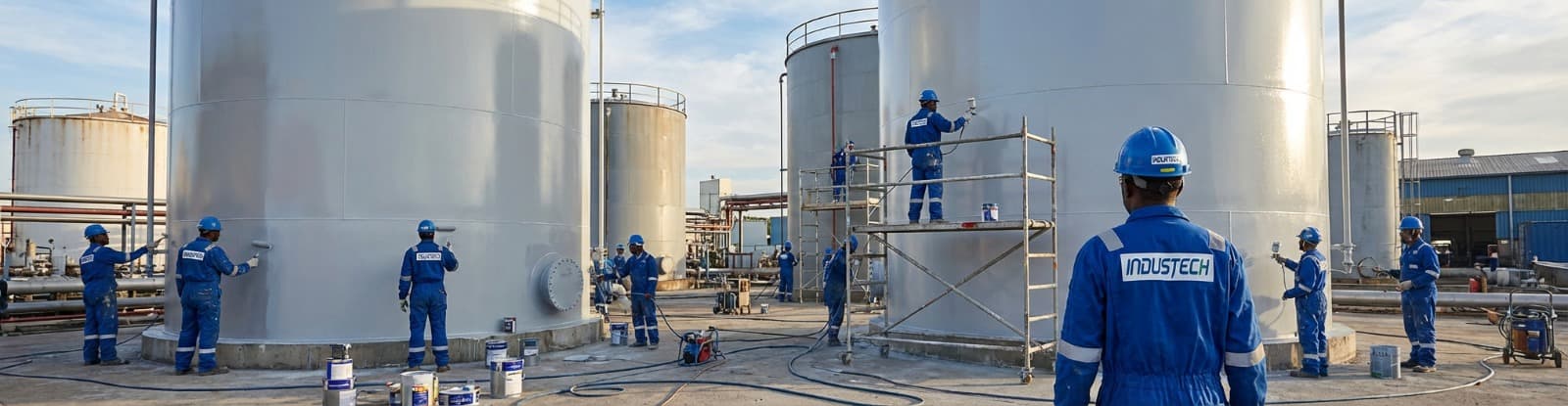 BULKER crew in blue coveralls spray-painting storage tanks on an industrial site