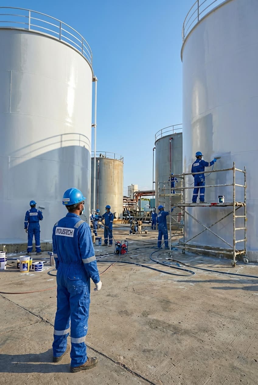 Wide shot of an anti-corrosion coating job across several storage tanks, with scaffolding