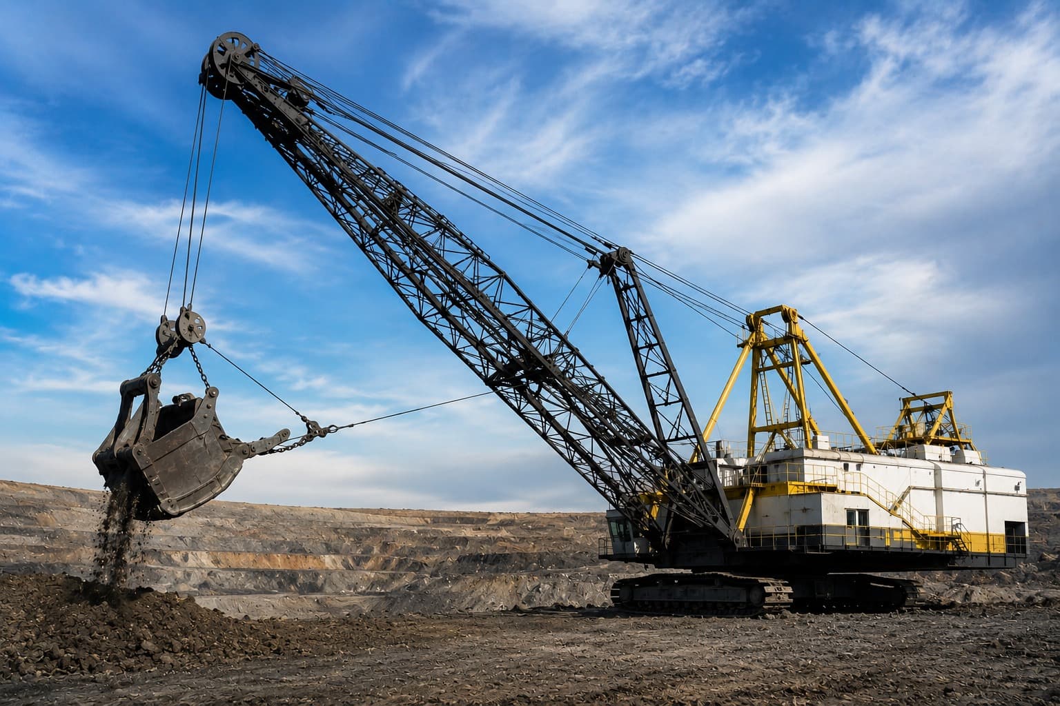 Dragline excavator operating at a mining site