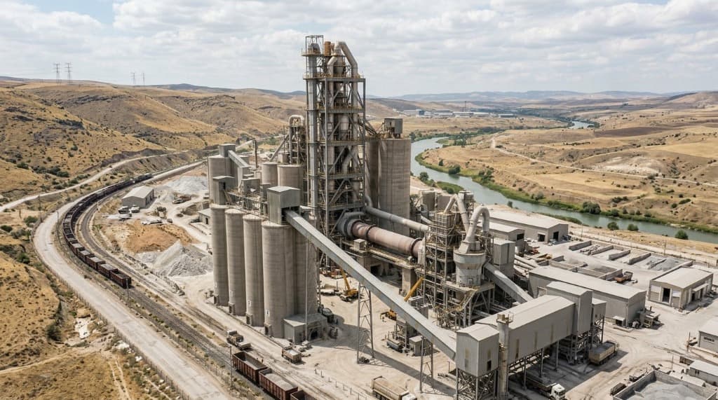 Industrial processing plant and cement works with conveyors and silos