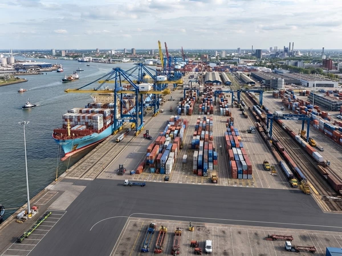 Aerial view of a container terminal with gantry cranes and rail tracks