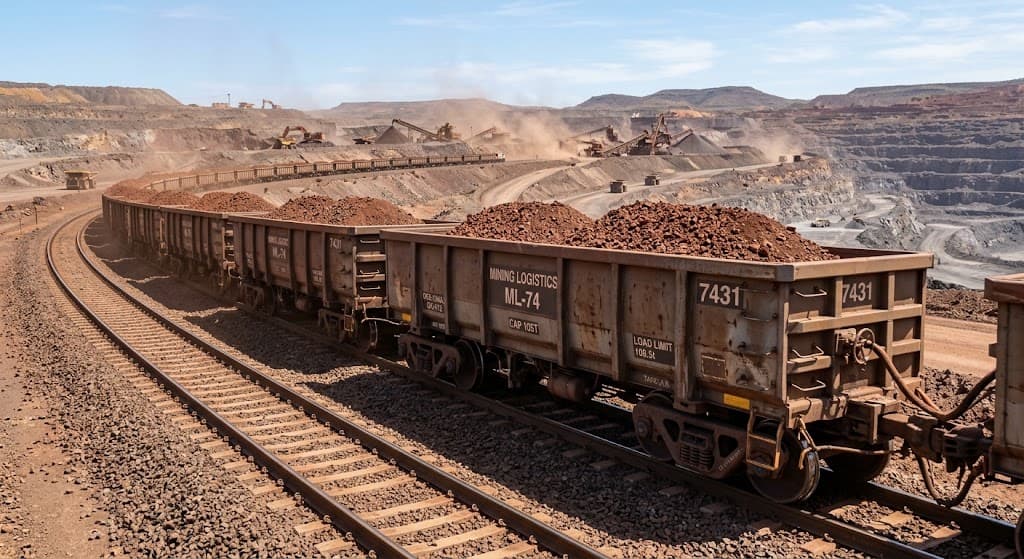 Ore-laden mining wagons on rail track inside an open-pit mine