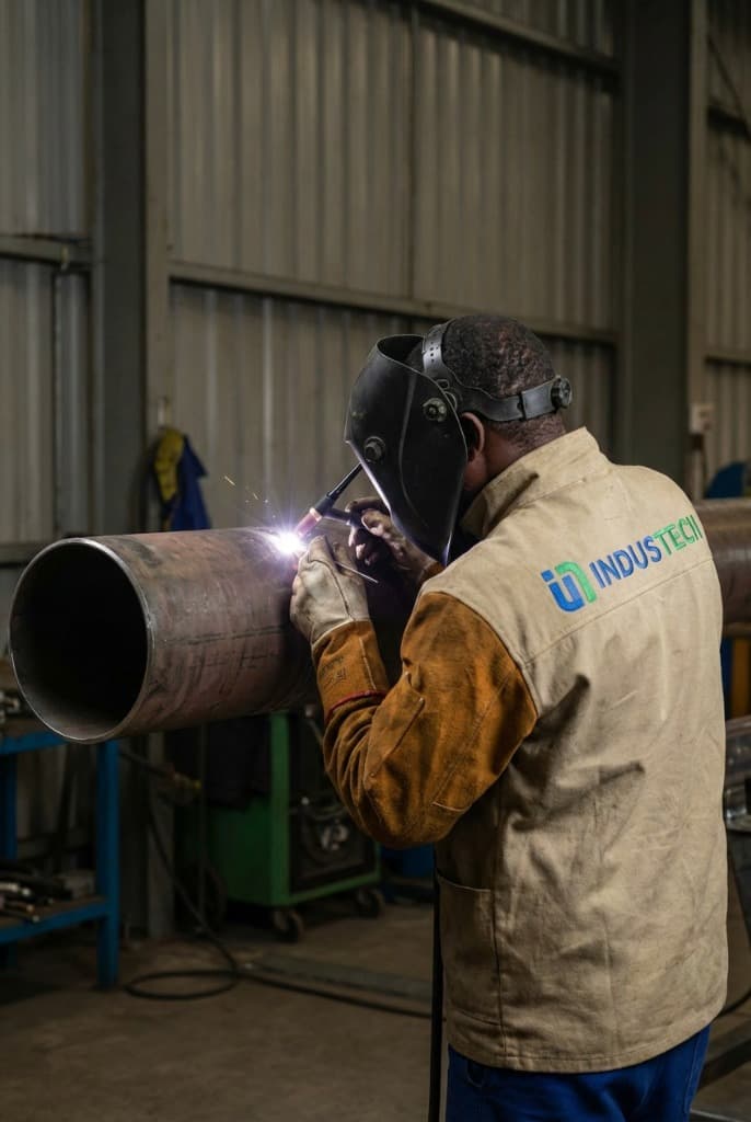 Precision pipe welding and fabrication in industrial workshop